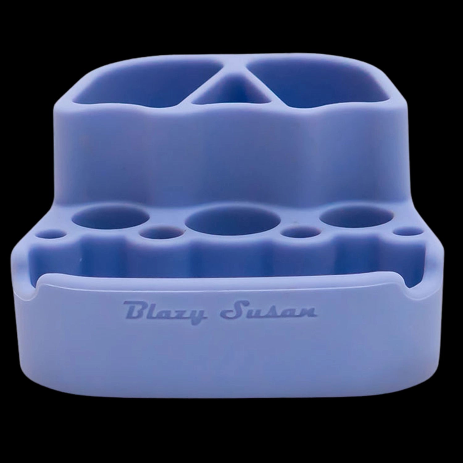 Close-up front view of the blue Blazy Susan Dab Station showing its top compartments and rounded tool holes against a black background.