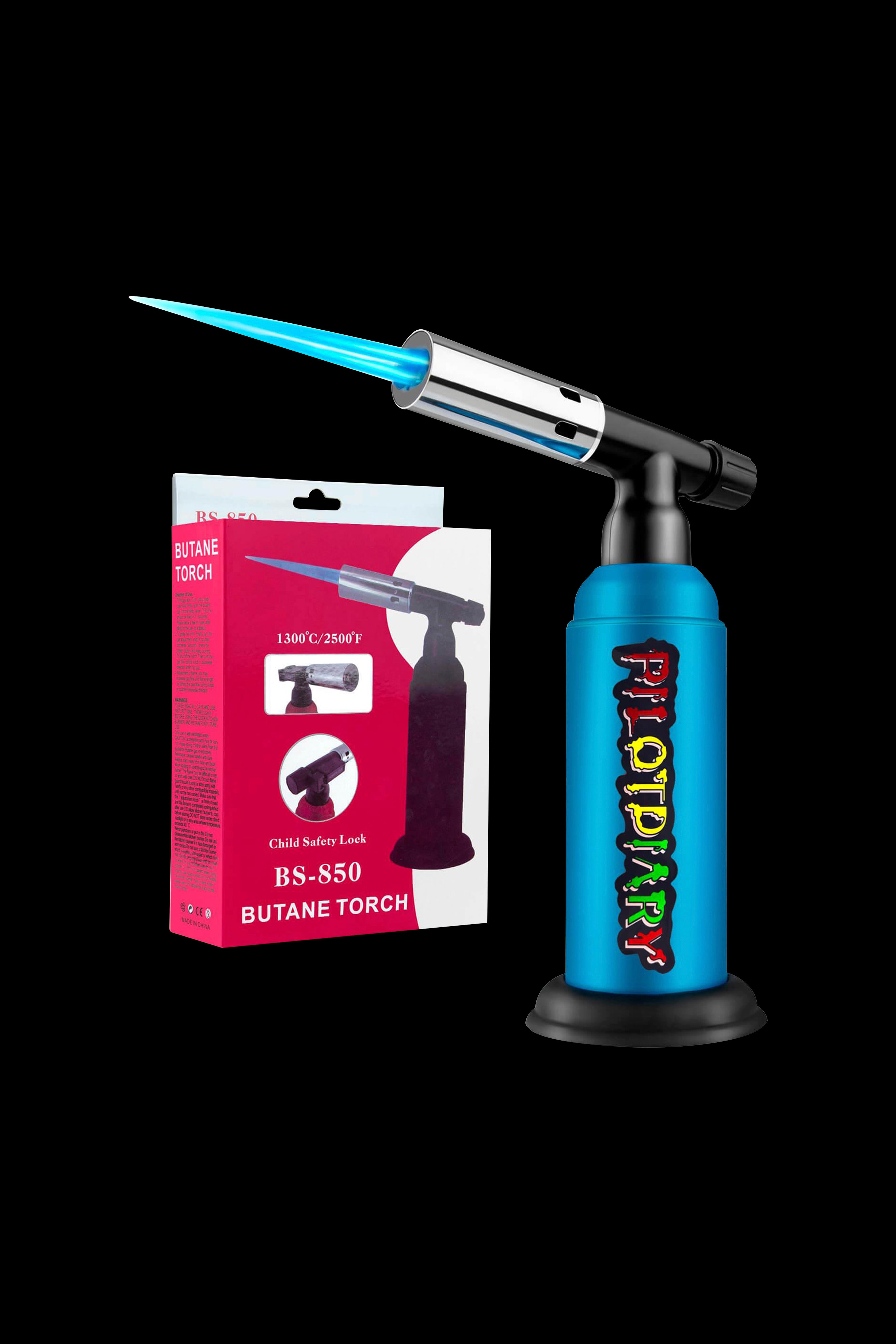 Blue butane torch with packaging, commonly used for dabbing cannabis concentrates.