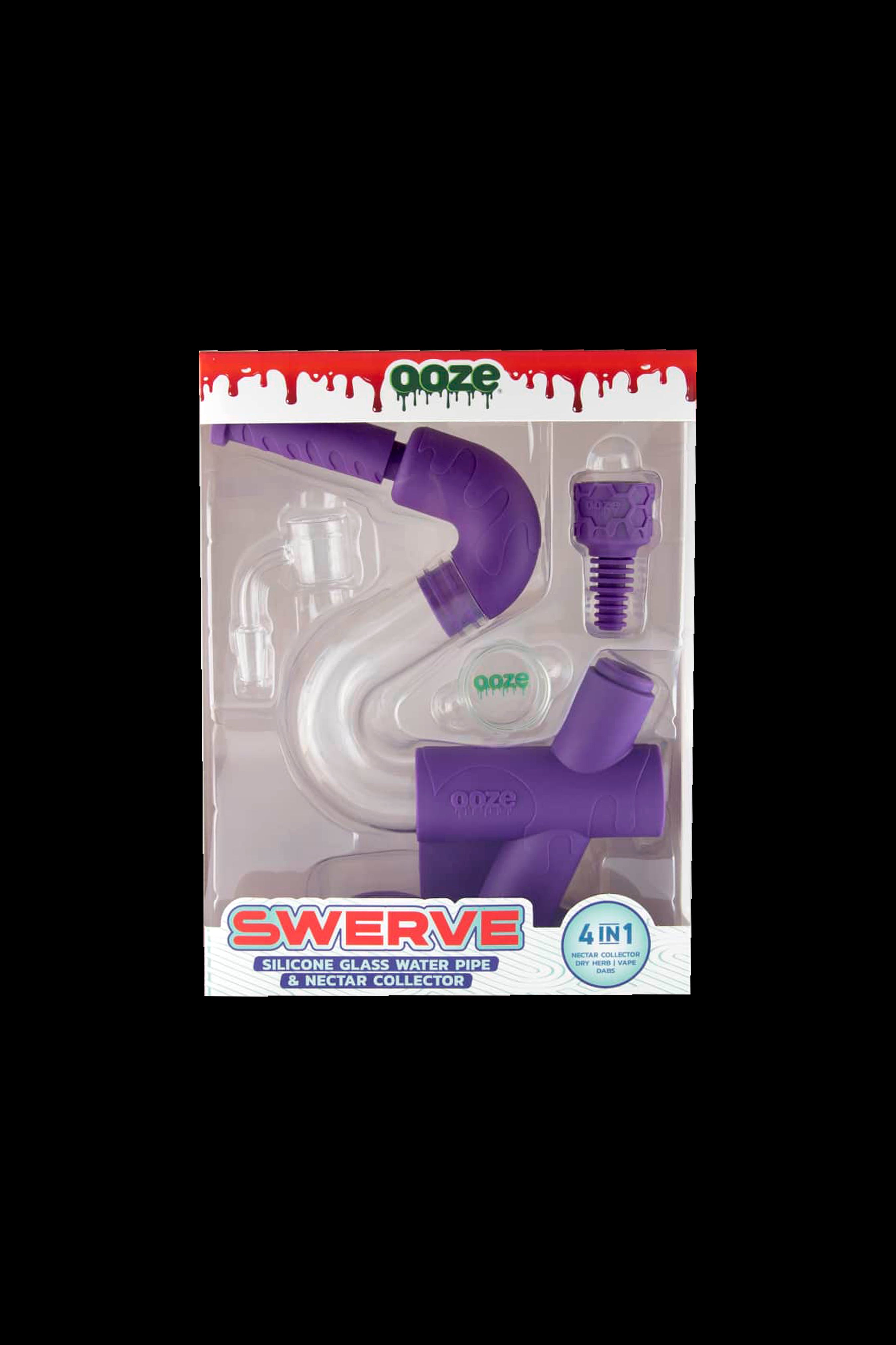 Purple “Swerve” silicone glass water pipe and nectar collector packaged on clear plastic with branding.