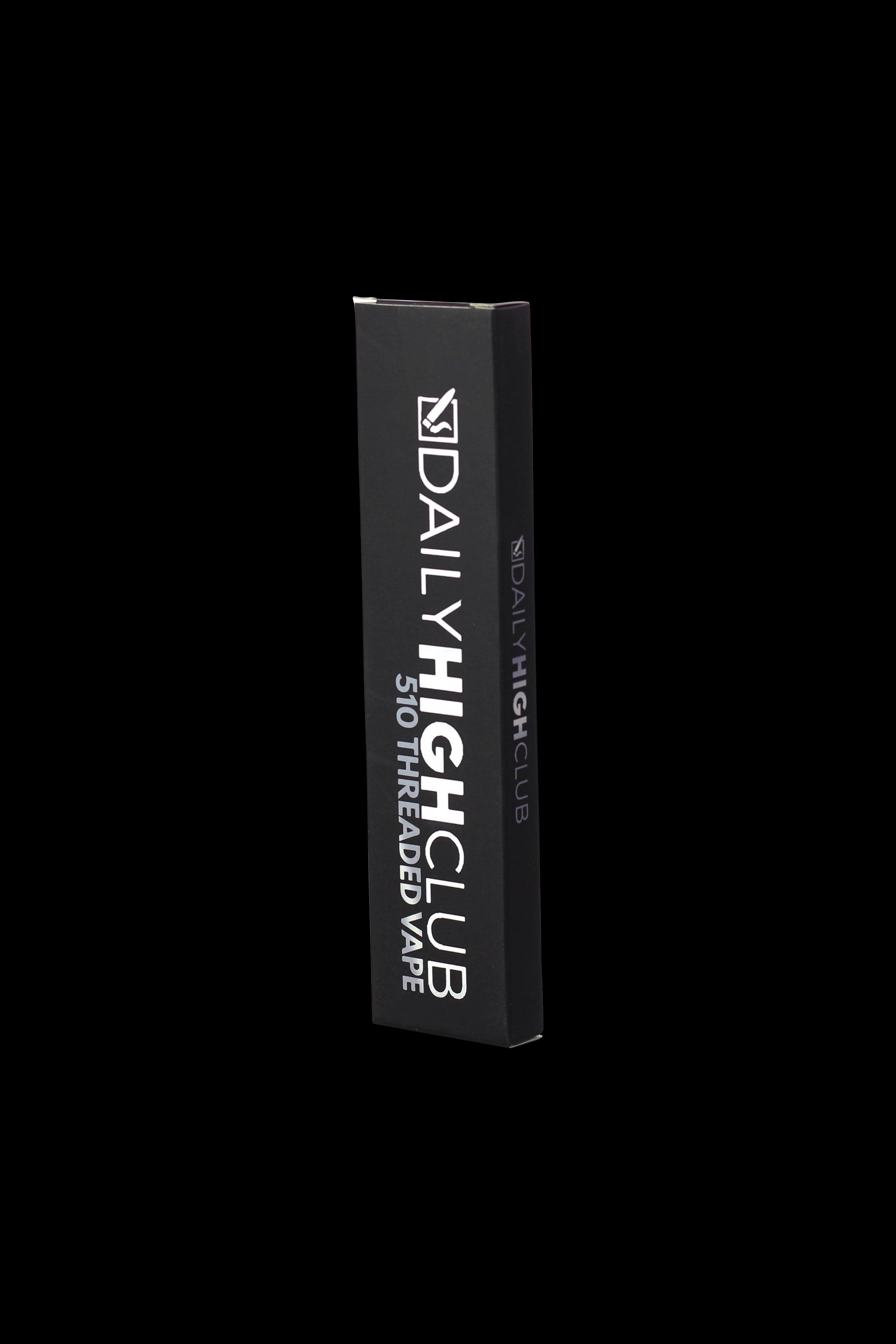 Black packaging for “Daily High Club” 510 thread vape cartridges against a black background.