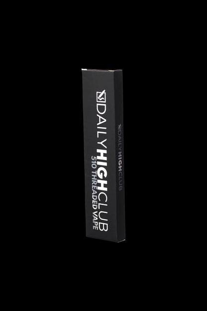 Black packaging for “Daily High Club” 510 thread vape cartridges against a black background.