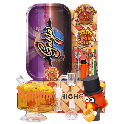 A vibrant studio shot of the “Give Danks” Smoking Box, featuring a colorful graphic design and a playful illustrated character.