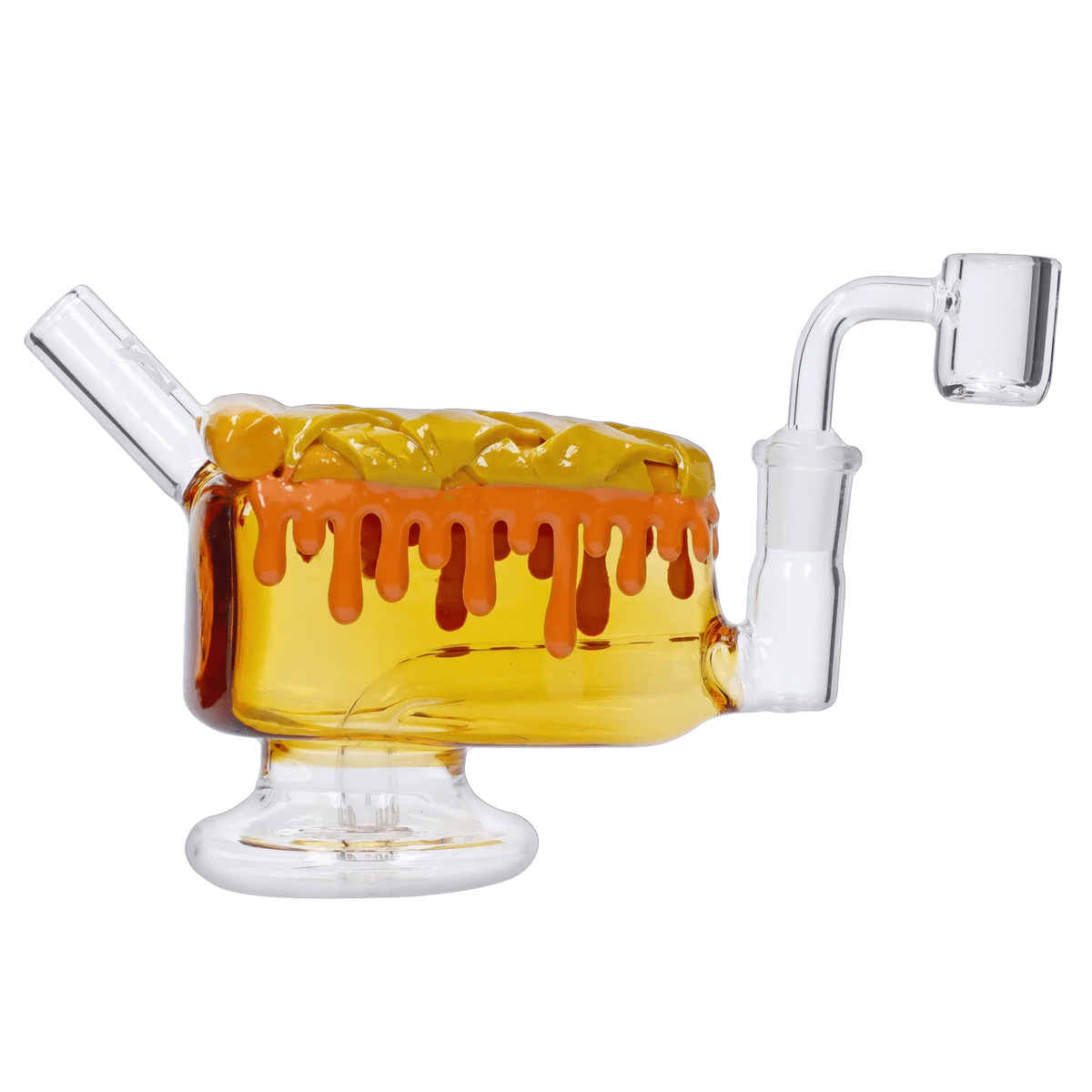 A front view of the “Give Danks” Smoking Box, showcasing a clear glass chamber with melted amber-colored accents and a curved neck joint.