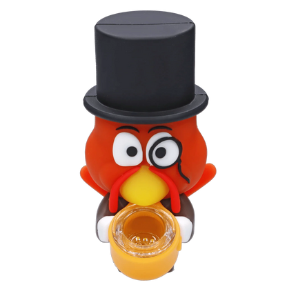 Front view of the “Give Danks” Smoking Box, a red, cartoonish box with a top hat and wide eyes.