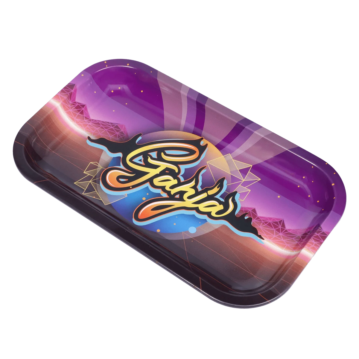 A slightly angled view of the "Give Danks" Smoking Box featuring a colorful, textured background and reflective surface.