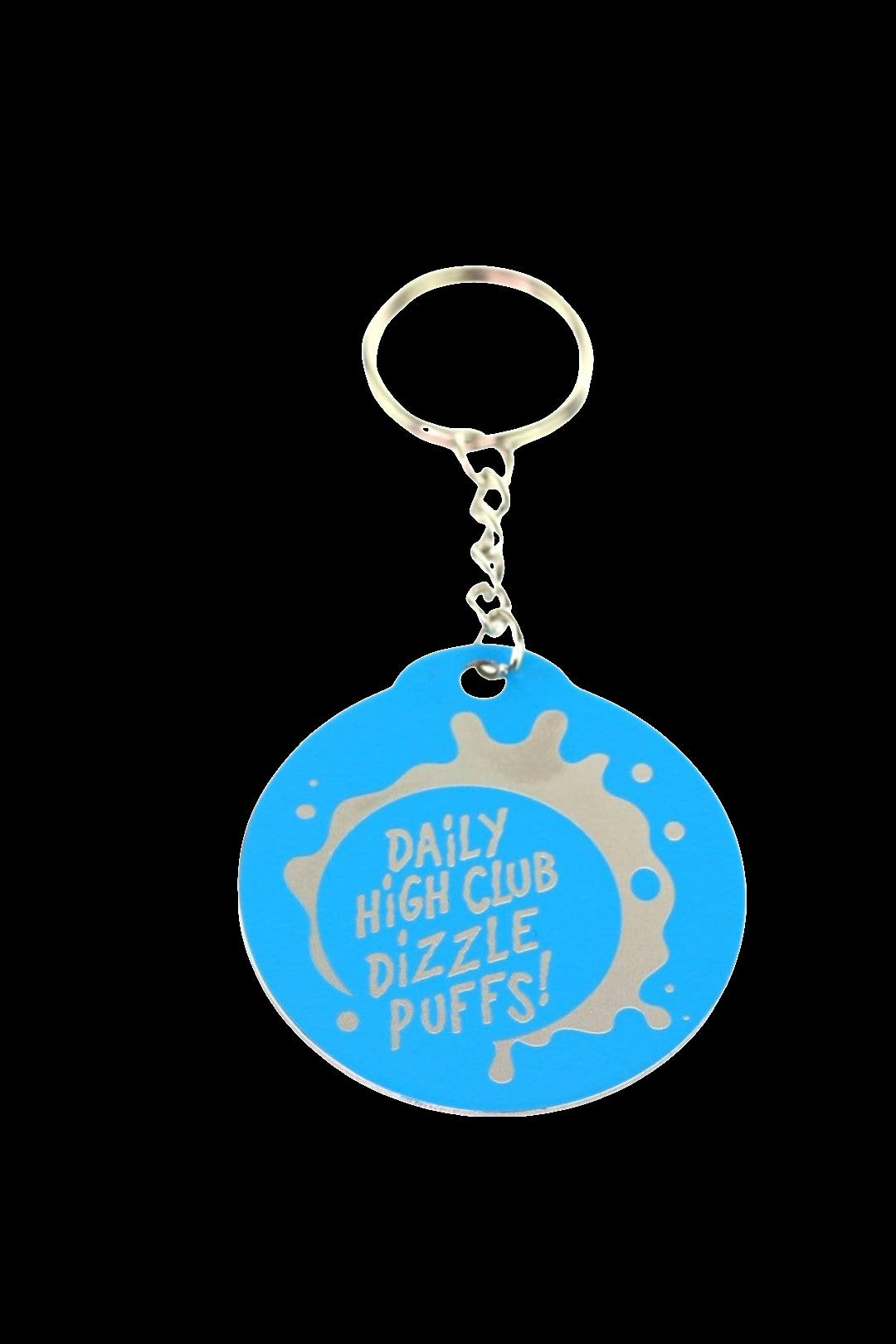 Blue keychain with “Daily High Club Dizzle Puffs!” text and a splash graphic.