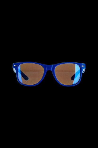 Blue sunglasses with tinted orange lenses against a black background.