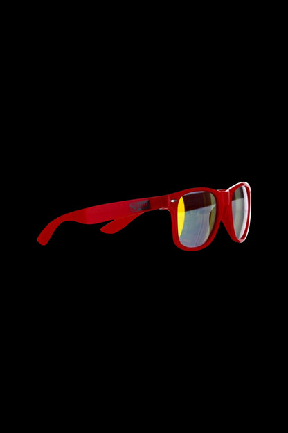 Red cannabis-themed sunglasses with reflective lenses against a black background.
