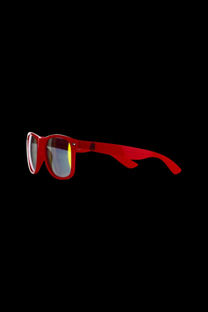 Red cannabis-themed sunglasses on a black background.