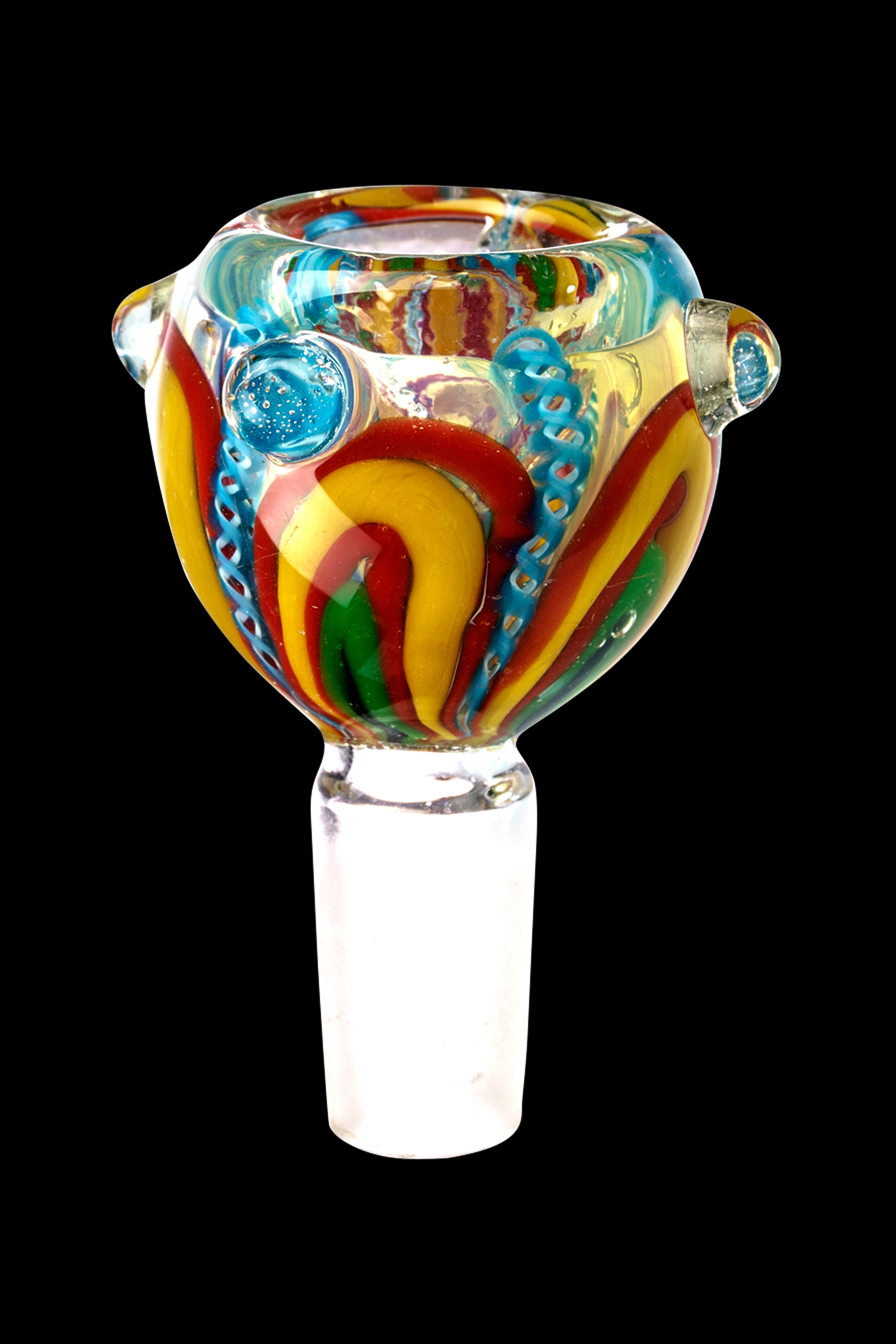 Handblown glass cannabis bowl with colorful swirls.