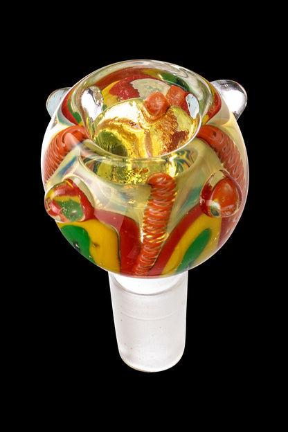 Hand-blown glass bowl with red, yellow, and green swirls, used for smoking cannabis.