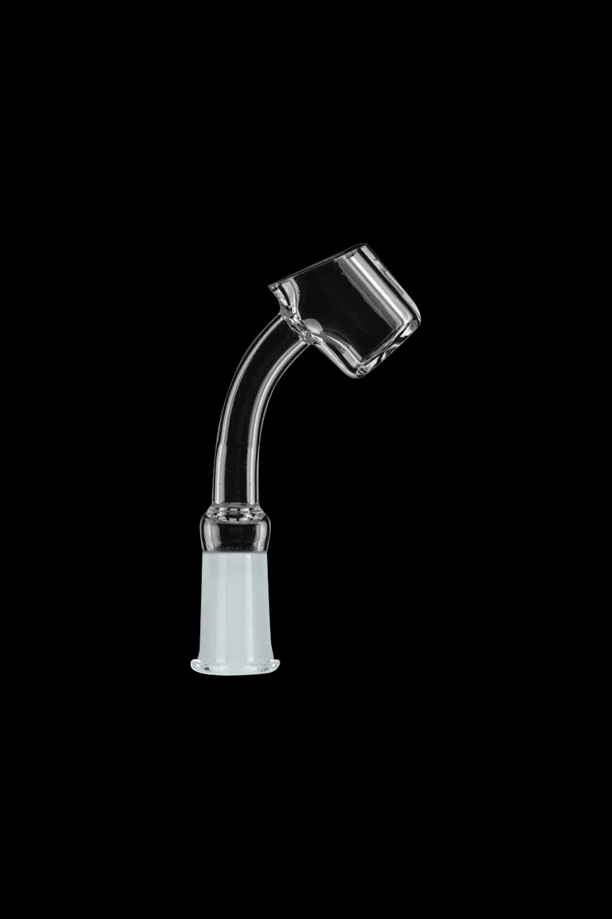 Clear glass dab nail with a bent neck and frosted joint, isolated on a black background.