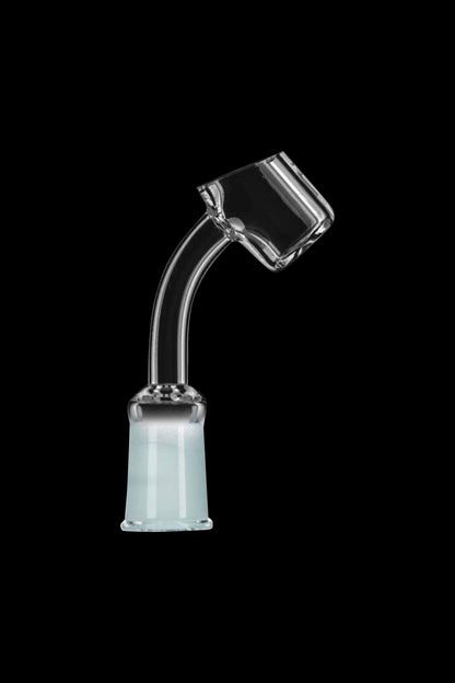 Clear glass dab rig insert with a teal base, isolated on black.