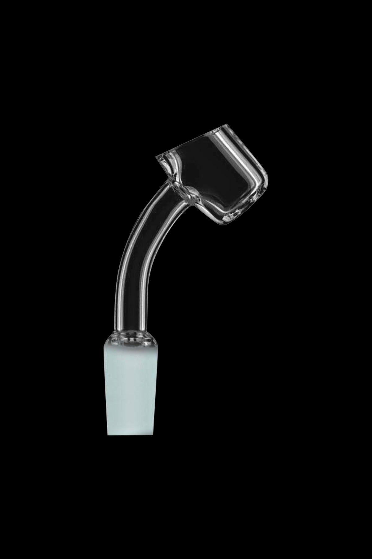 Clear quartz dab nail with angled tip, isolated on black.
