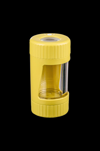 Yellow cannabis oil cartridge with clear viewing window.