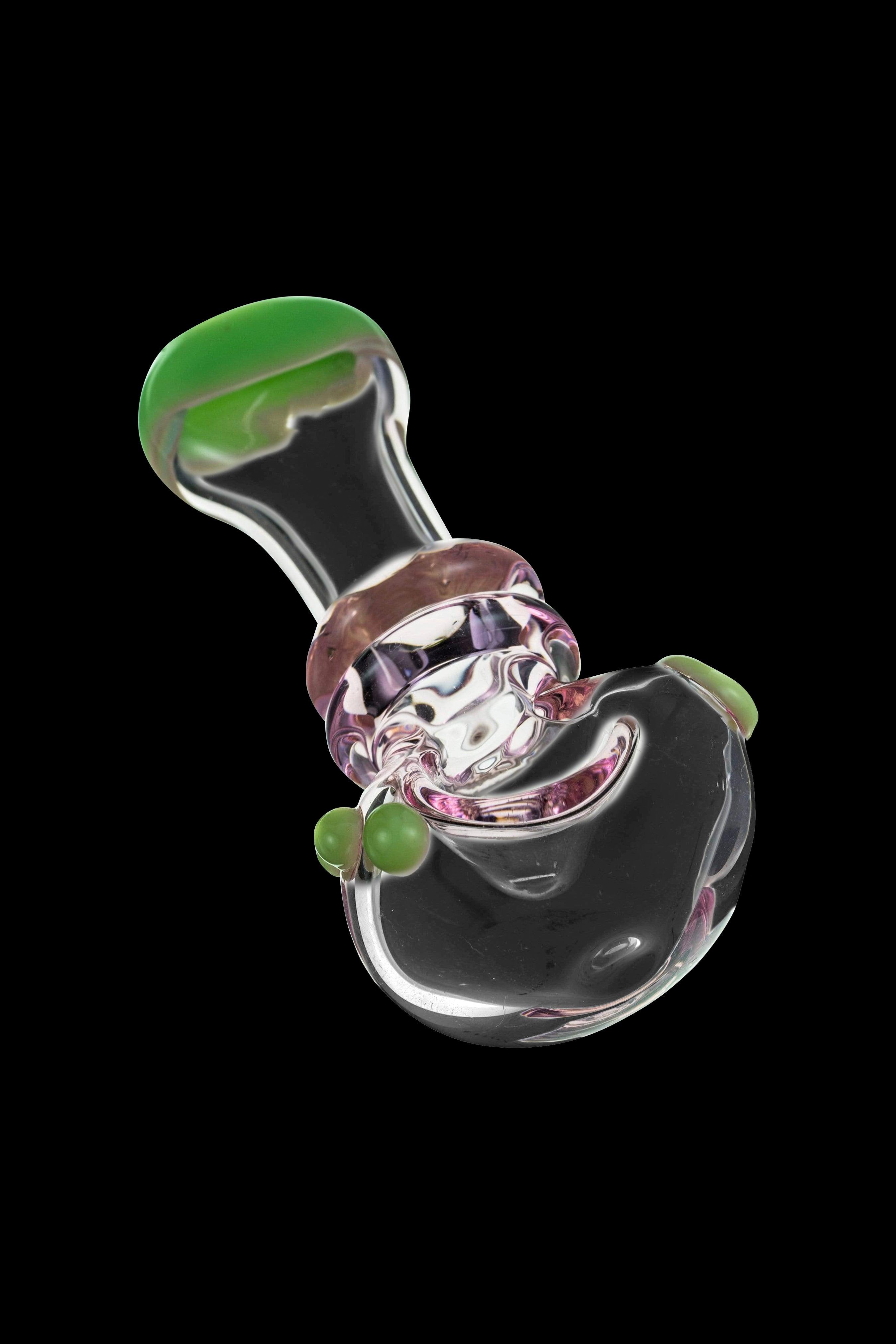 Glass cannabis pipe with green and pink accents.