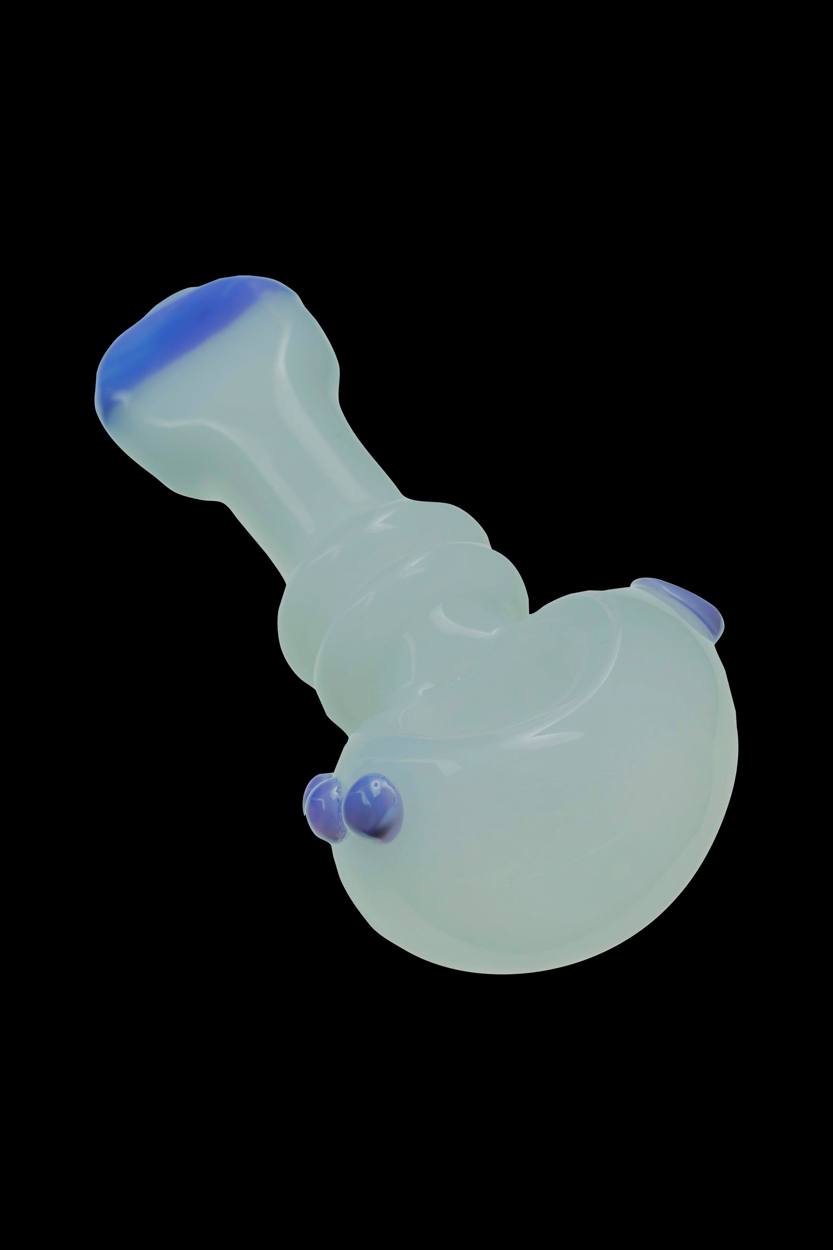 Frosted glass bubbler with blue accents.