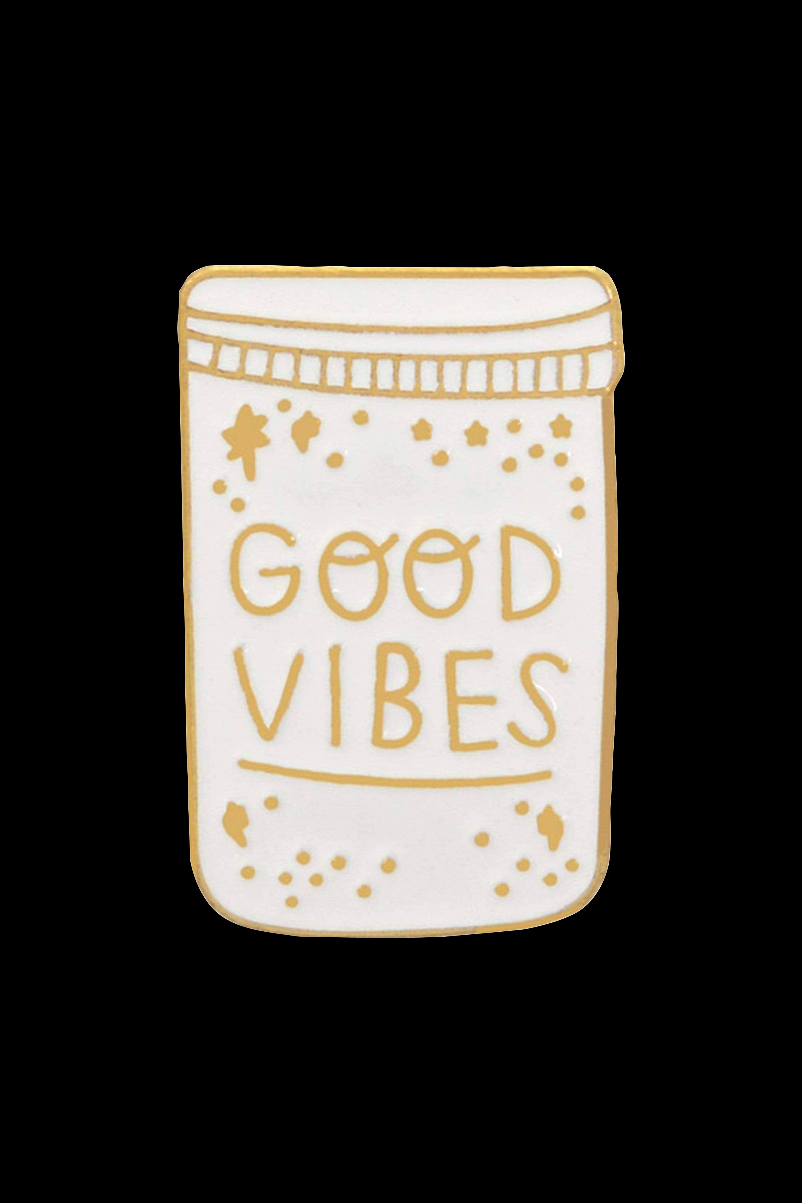 Gold enamel pin depicting a jar labeled "GOOD VIBES" with star and dot embellishments.