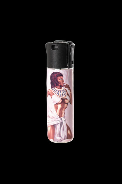 A butane lighter featuring an artistic depiction of a woman in Egyptian attire.