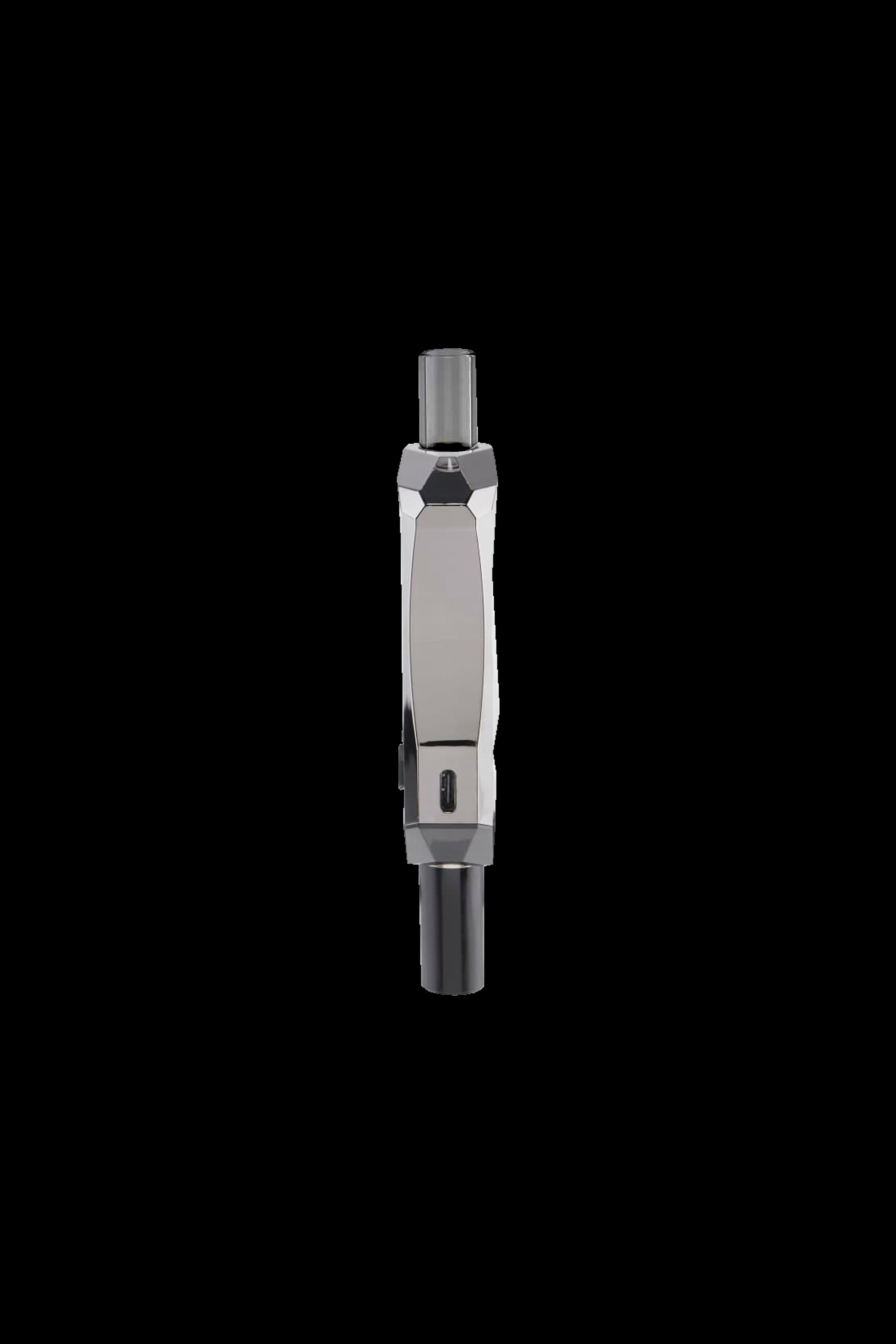 Sleek silver cannabis vaporizer pen against a black background.