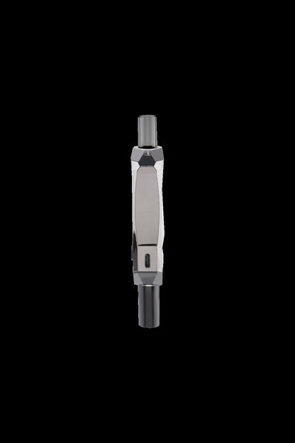Sleek silver cannabis vaporizer pen against a black background.