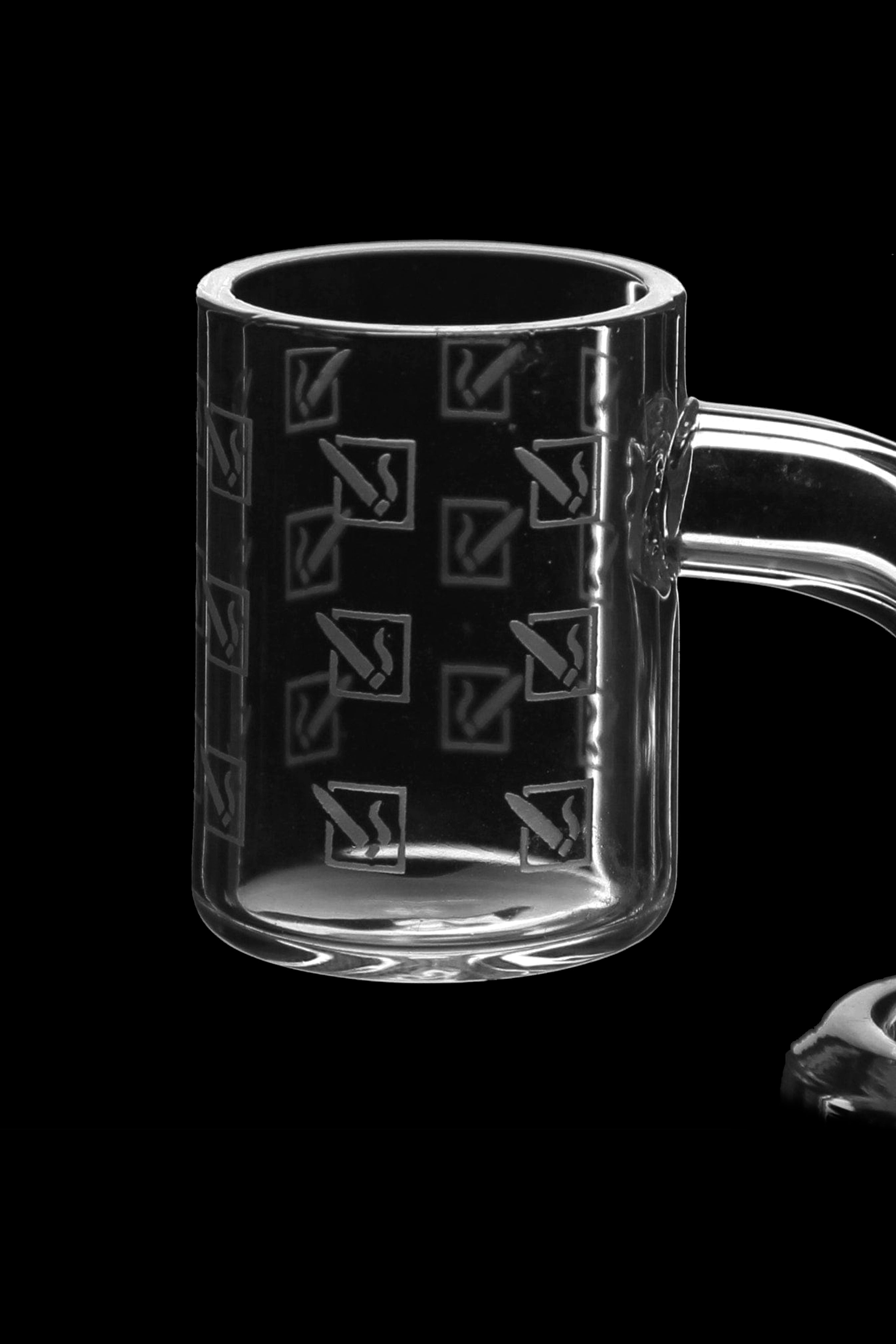 Clear glass rig with repeating cannabis leaf designs, studio shot on black background.