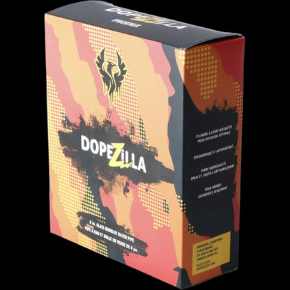 A colorful box for a “Dopezilla” 6-inch glass bubbler water pipe, featuring a phoenix design and French text.