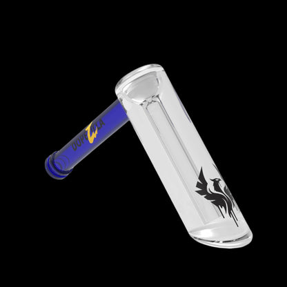 Clear glass bubbler with blue mouthpiece and black phoenix design, isolated on a black background.