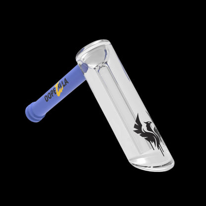 Glass cannabis water pipe with blue accents and a phoenix design.