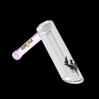 Clear glass bubbler with a pink mouthpiece and black phoenix logo, isolated on a black background.
