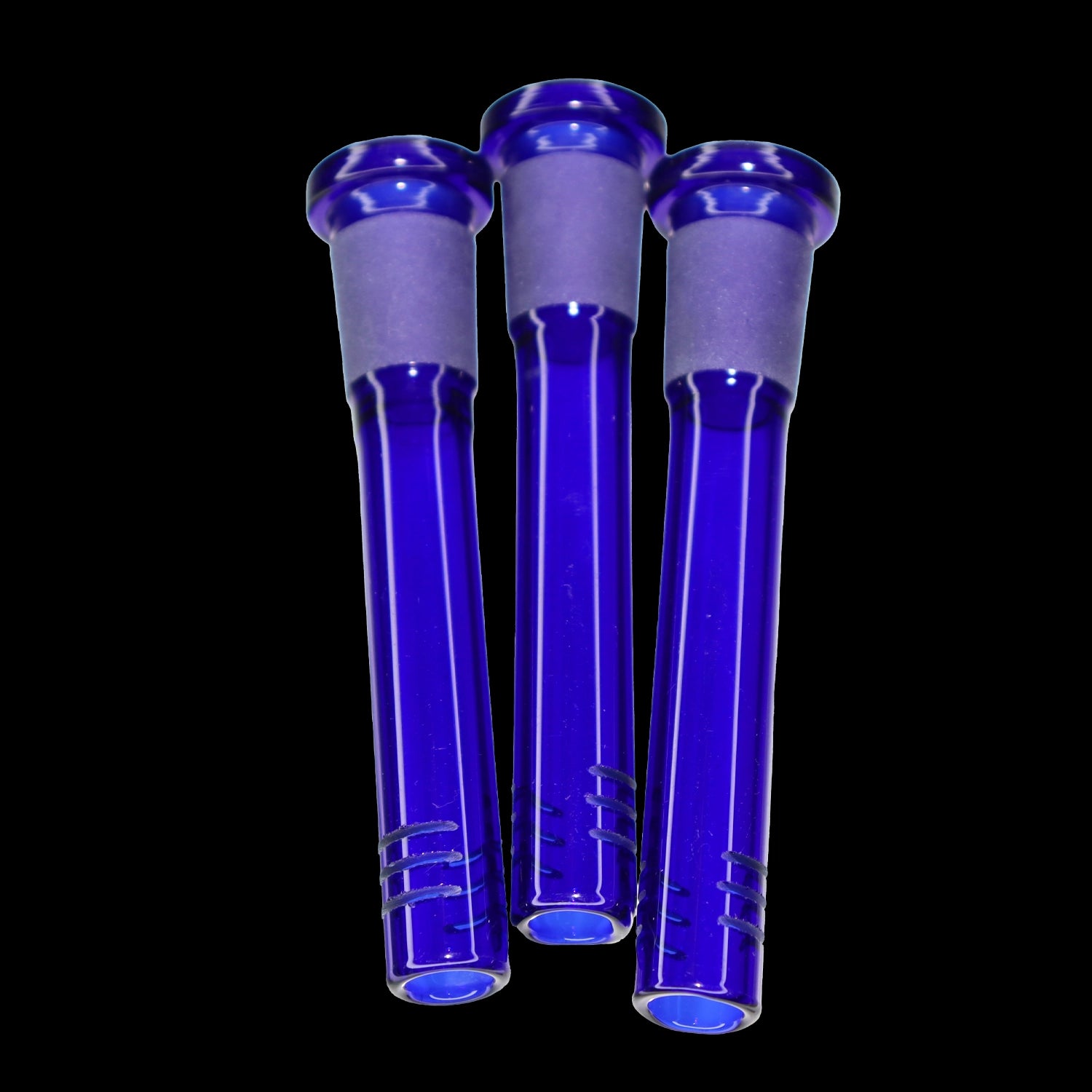 Close-up front view of three blue Smoke Cartel Color Diffused Downstem - 3 in. tubes with frosted joints against a black background.