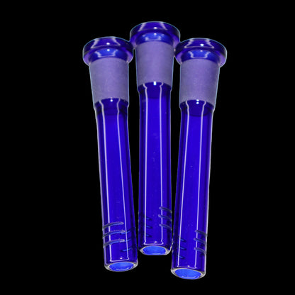 Close-up front view of three blue Smoke Cartel Color Diffused Downstem - 3 in. tubes with frosted joints against a black background.