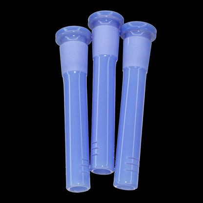 Close-up view of three light blue Smoke Cartel Color Diffused Downstem - 3 in. pieces shown vertically against a black background.