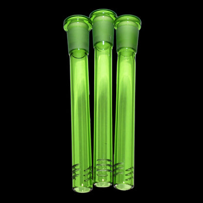 Close-up front view of three green Smoke Cartel Color Diffused Downstem - 4.5 in. tubes standing vertically against a black background.