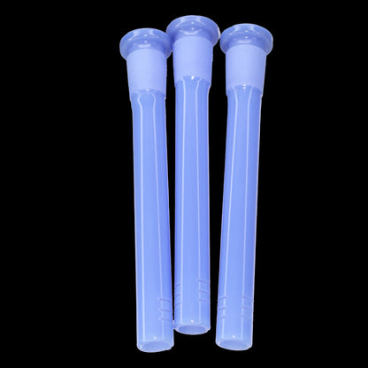 Close-up front view of three light blue Smoke Cartel Color Diffused Downstem - 4.5 in. tubes against a black background