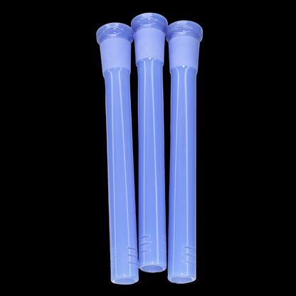 Close-up front view of three pink Smoke Cartel Color Diffused Downstem - 5 in. pieces aligned vertically against a black background.