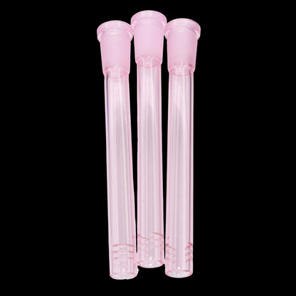 Close-up front view of three teal Smoke Cartel Color Diffused Downstem - 5 in. glass tubes aligned vertically against a black background.