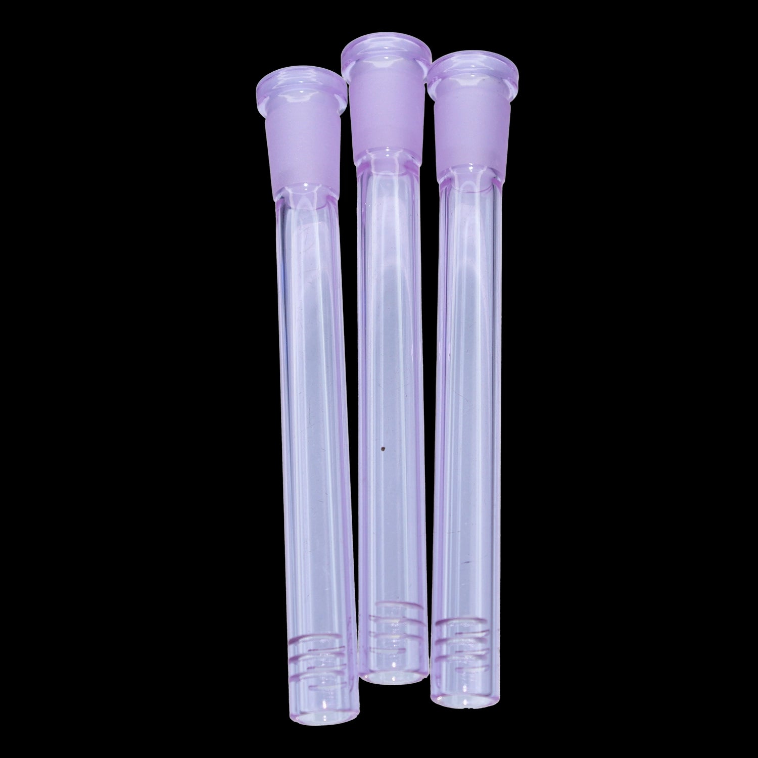 Close-up front view of three black Smoke Cartel Color Diffused Downstem - 5 in. tubes shown vertically against a black background.