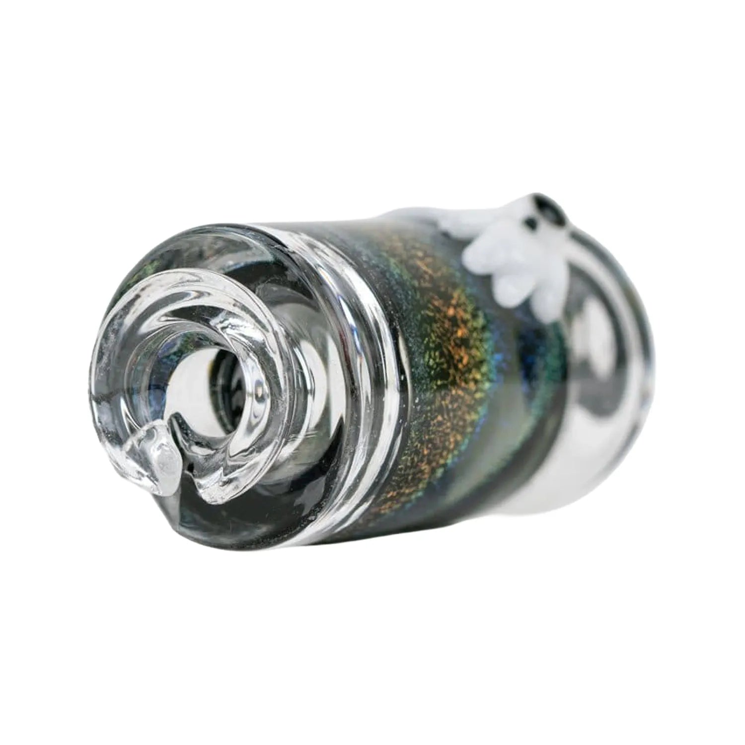 Close-up front angle of the Empire Glassworks Puffco Pivot Glass Mouthpiece - Across the Universe showing iridescent swirls and clear glass lip.