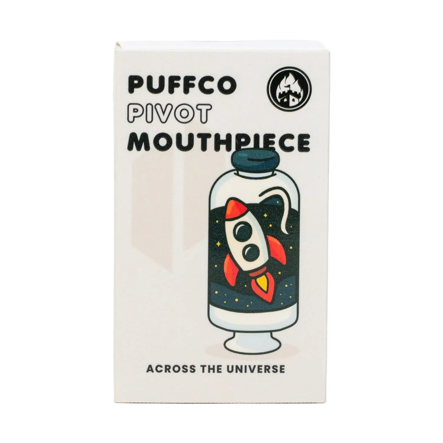 Front-facing box art showing a cartoon rocket in a jar and bold text on the Empire Glassworks Puffco Pivot Glass Mouthpiece - Across the Universe packaging.