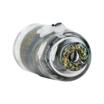 Angled close-up of the Empire Glassworks Puffco Pivot Glass Mouthpiece - Across the Universe showing a clear glass mouth with iridescent gold and teal flecked rim and a small white glass accent on top