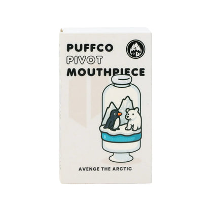 Centered front view of the Empire Glassworks Puffco Pivot Glass Mouthpiece - Avenge the Arctic box showing a jar illustration with a penguin and polar bear on ice.