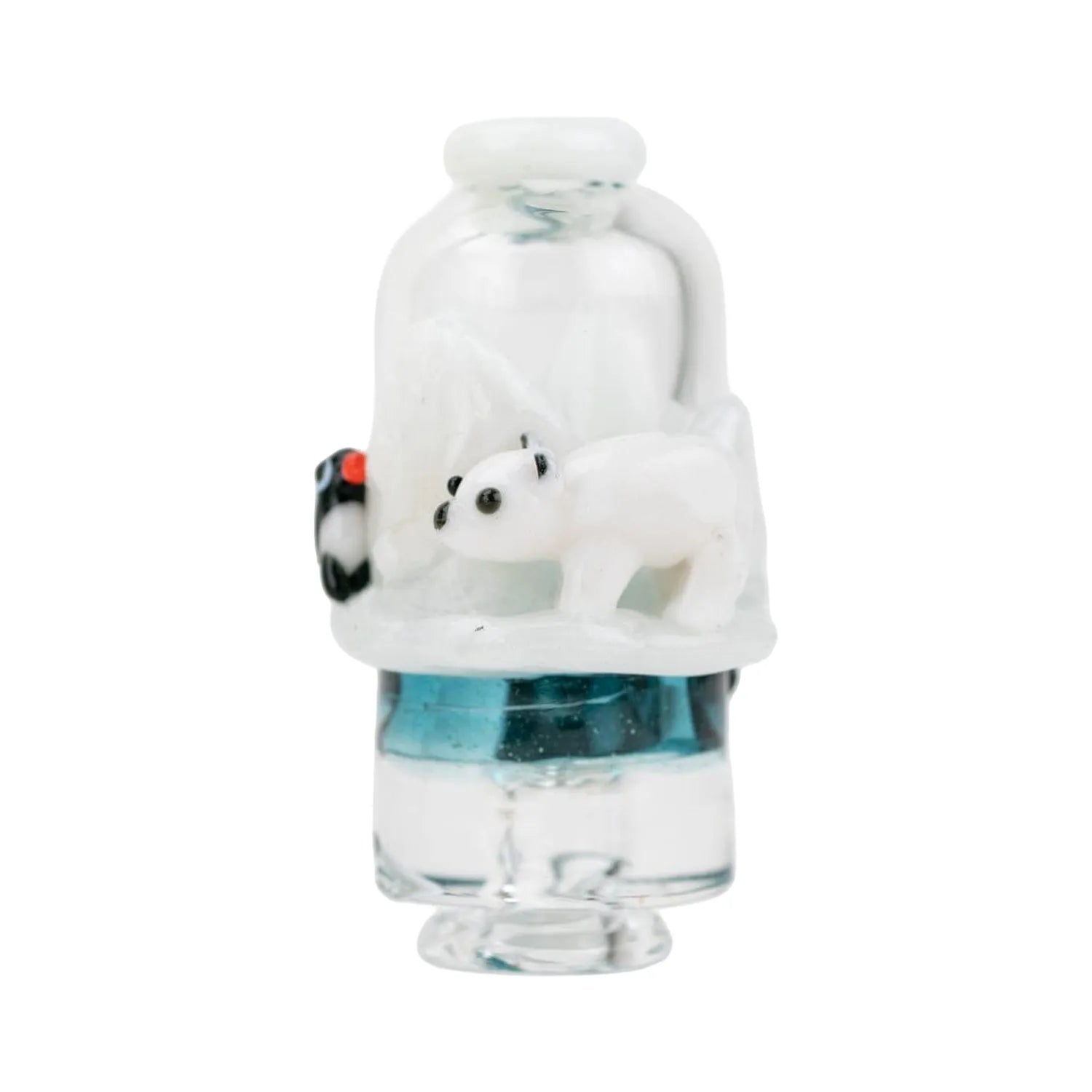 Close-up front view of the Empire Glassworks Puffco Pivot Glass Mouthpiece - Avenge the Arctic showing a small white polar bear and black-red penguin detail atop a clear glass mouthpiece.