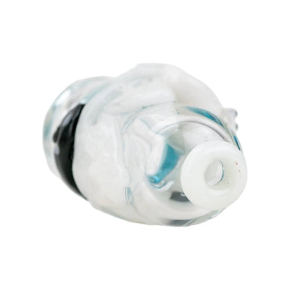 Close-up angled view of the Empire Glassworks Puffco Pivot Glass Mouthpiece - Avenge the Arctic showing a white-rimmed glass opening and swirled pale blue and white glass details.