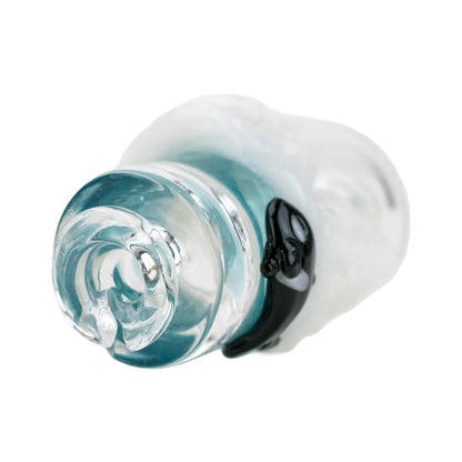 Close-up angled view of the Empire Glassworks Puffco Pivot Glass Mouthpiece - Avenge the Arctic showing swirled aqua glass and a glossy black accent.