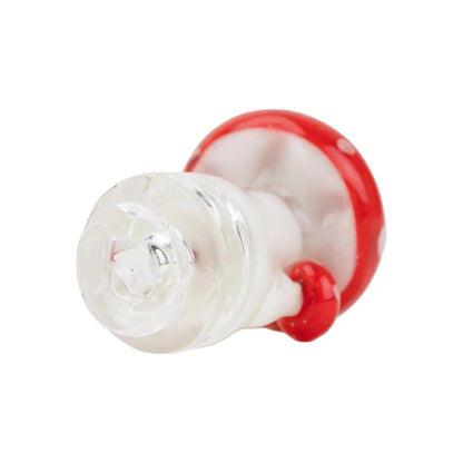 Close-up angled view of the Empire Glassworks PuffCo Pivot Glass Mouthpiece - Red Mushroom showing a clear glass tip and red mushroom-patterned base against a white background