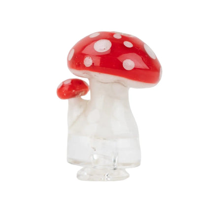 Close-up front view of the Empire Glassworks PuffCo Pivot Glass Mouthpiece - Red Mushroom showing a red spotted glass mushroom angle.