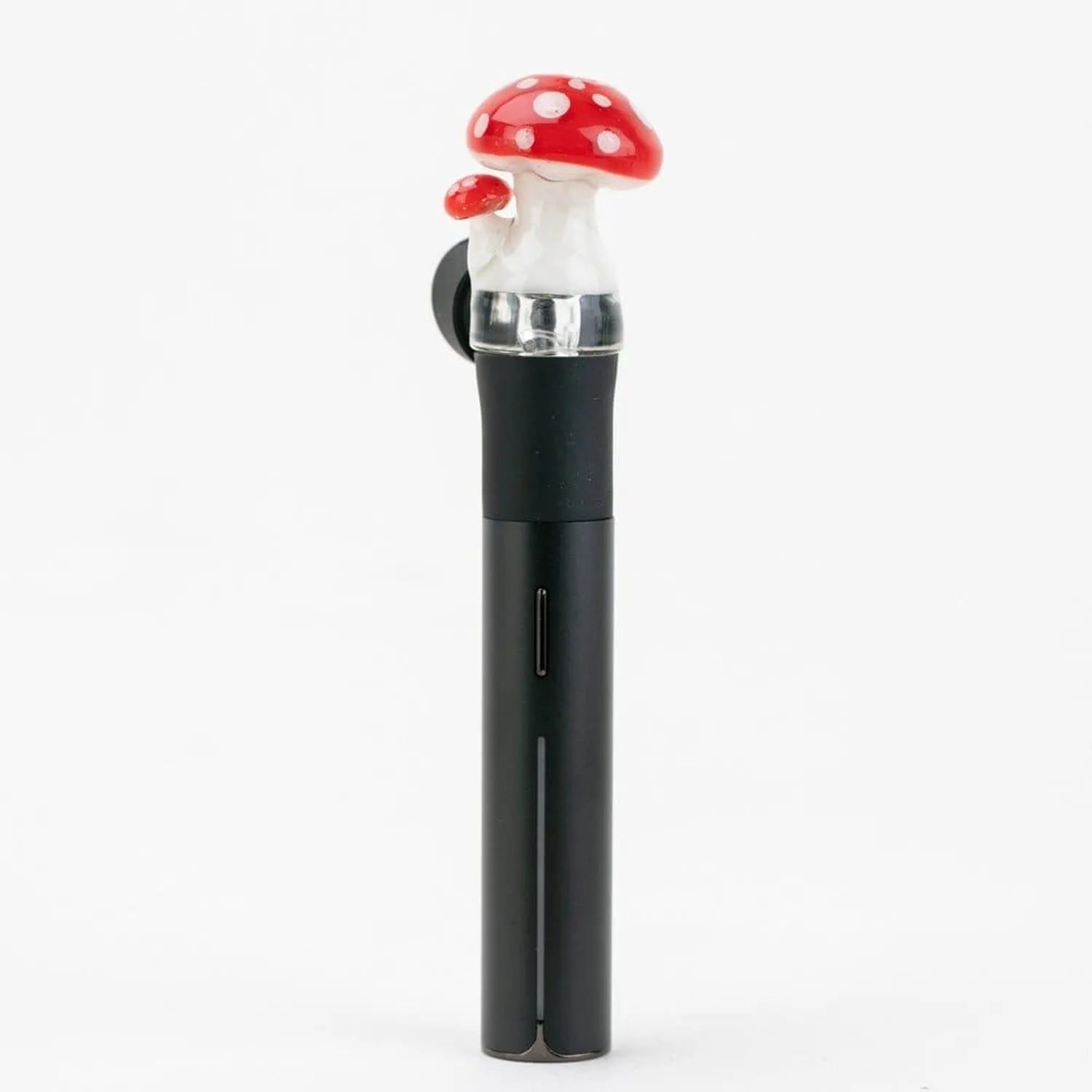 Centered vertical view of an Empire Glassworks PuffCo Pivot Glass Mouthpiece - Red Mushroom mounted on a black Pivot device against a plain white background