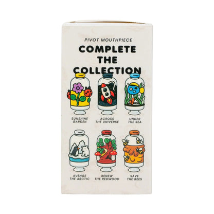Front view of the Empire Glassworks Puffco Pivot Glass Mouthpiece - Across the Universe packaging showing colorful jar illustrations (rocket centered) under the heading "Complete The Collection"