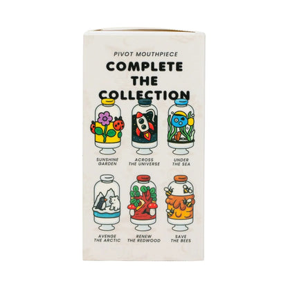 Top-down close-up of the box artwork showing six colorful jar illustrations, including the "Avenge the Arctic" scene, on the Empire Glassworks Puffco Pivot Glass Mouthpiece - Avenge the Arctic.